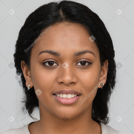 Joyful latino young-adult female with medium  black hair and brown eyes