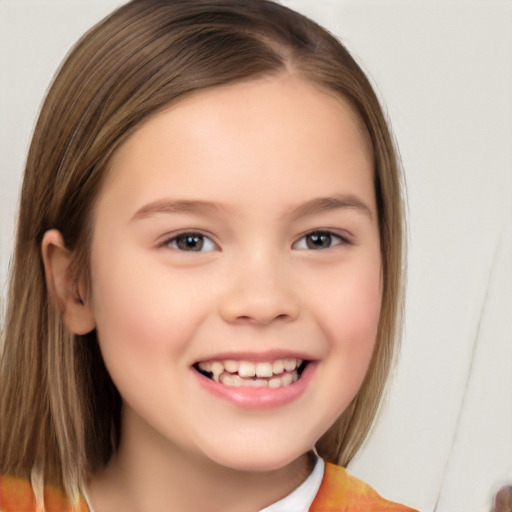 Joyful white child female with medium  brown hair and brown eyes