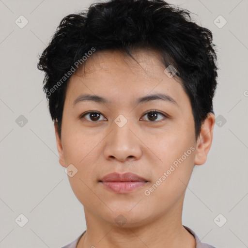 Neutral asian young-adult female with short  black hair and brown eyes