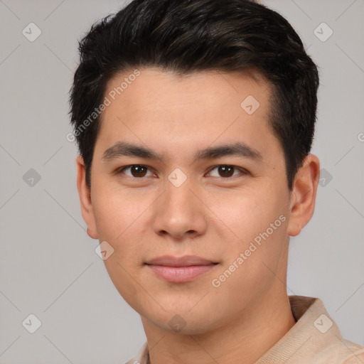 Neutral asian young-adult male with short  black hair and brown eyes