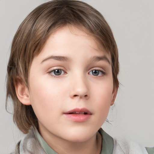 Neutral white child female with medium  brown hair and grey eyes