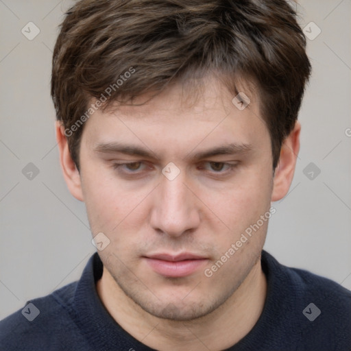 Neutral white young-adult male with short  brown hair and grey eyes