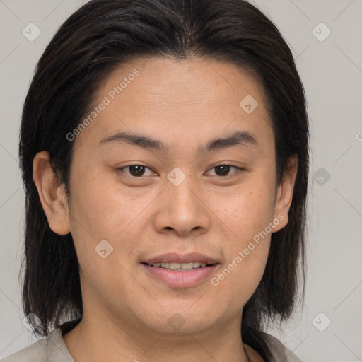 Joyful asian young-adult female with medium  brown hair and brown eyes