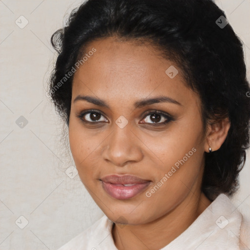 Joyful black young-adult female with medium  brown hair and brown eyes