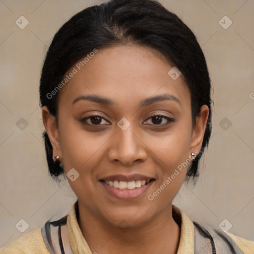 Joyful latino young-adult female with medium  black hair and brown eyes