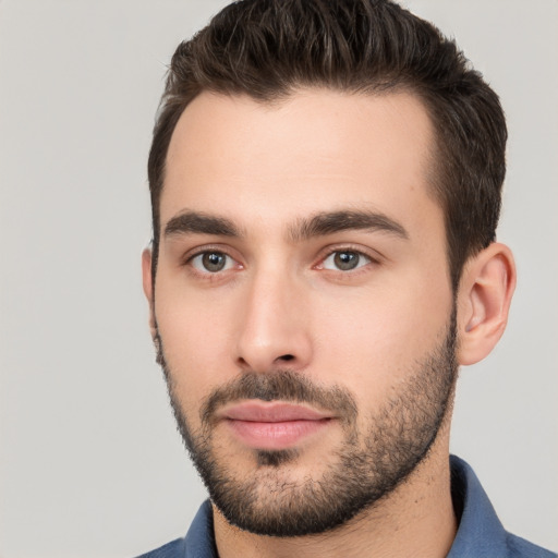 Neutral white young-adult male with short  brown hair and brown eyes