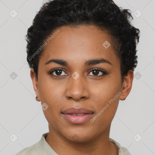 Neutral black young-adult female with short  black hair and brown eyes