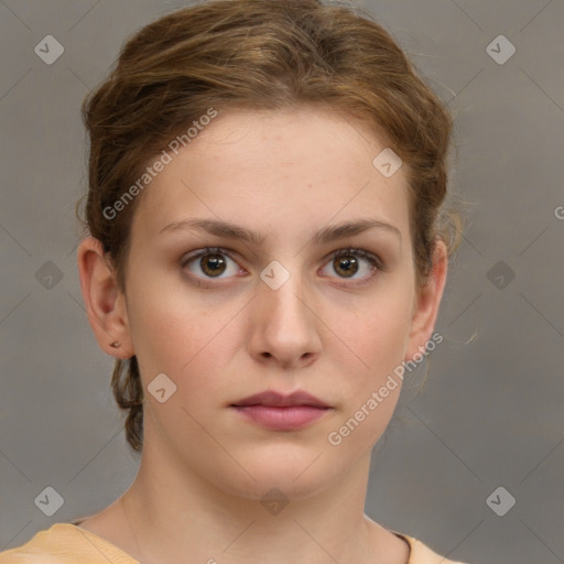 Neutral white young-adult female with short  brown hair and brown eyes