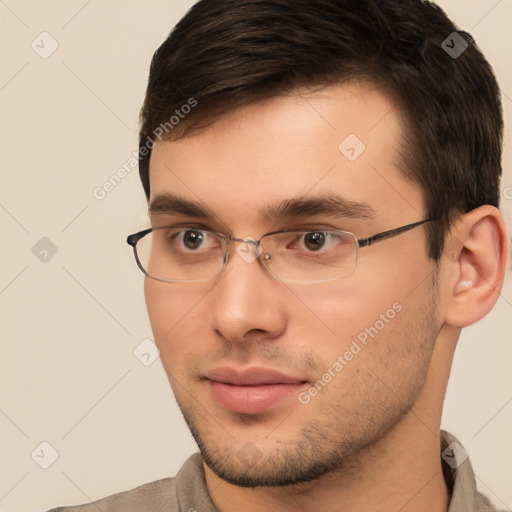 Neutral white young-adult male with short  brown hair and brown eyes