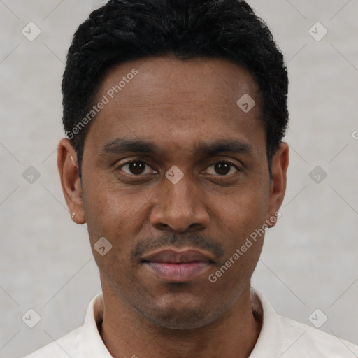 Neutral latino young-adult male with short  black hair and brown eyes