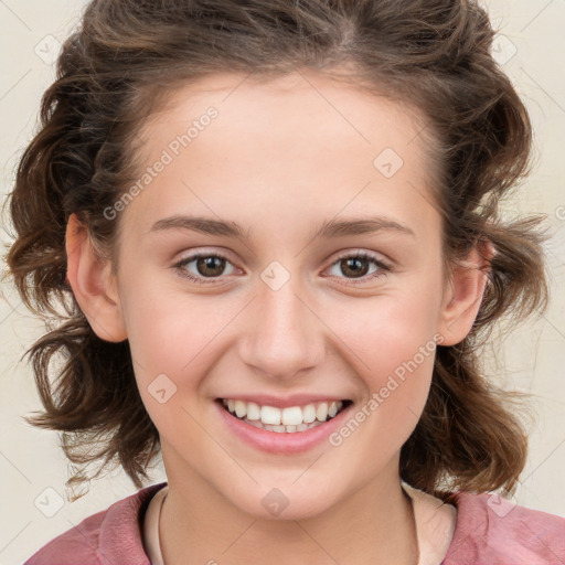 Joyful white child female with medium  brown hair and brown eyes