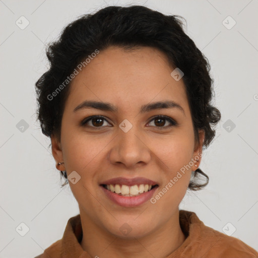 Joyful latino young-adult female with short  brown hair and brown eyes