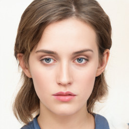 Neutral white young-adult female with medium  brown hair and blue eyes