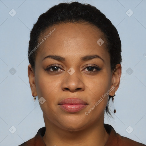 Joyful black young-adult female with short  black hair and brown eyes