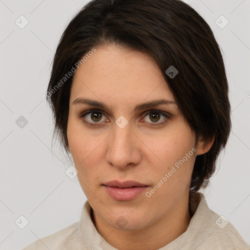 Neutral white young-adult female with medium  brown hair and brown eyes