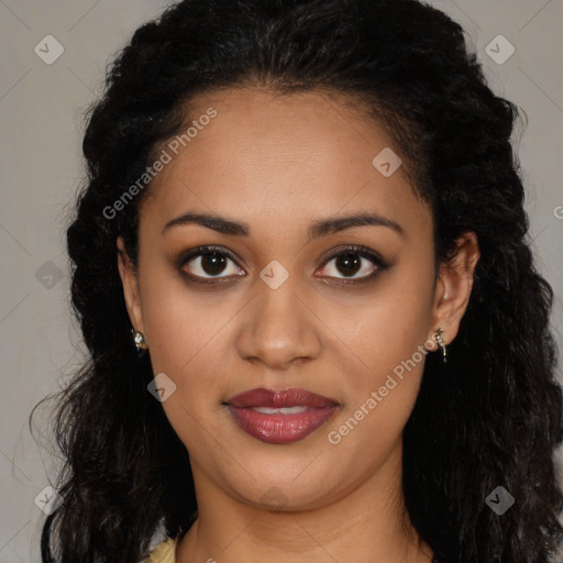 Joyful latino young-adult female with long  brown hair and brown eyes