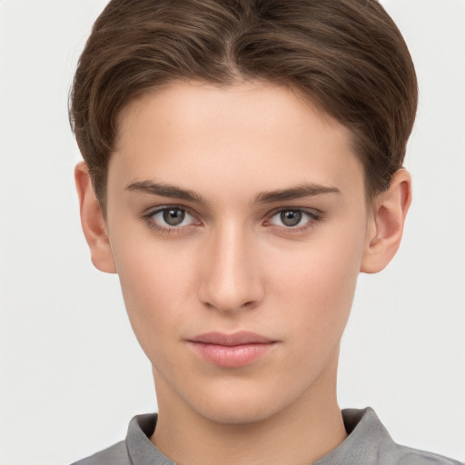 Neutral white young-adult female with short  brown hair and brown eyes