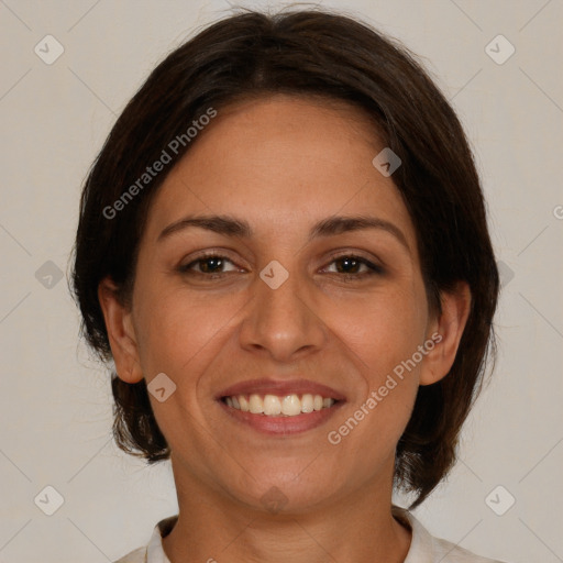 Joyful white young-adult female with medium  brown hair and brown eyes