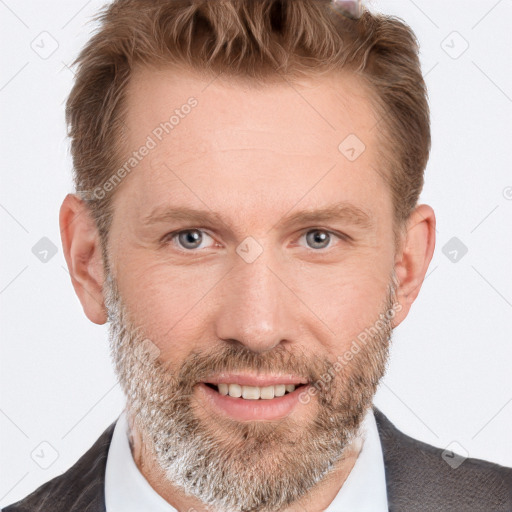 Joyful white adult male with short  brown hair and grey eyes