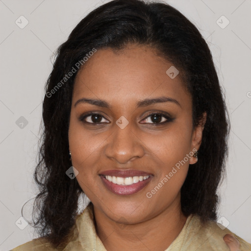 Joyful black young-adult female with medium  brown hair and brown eyes