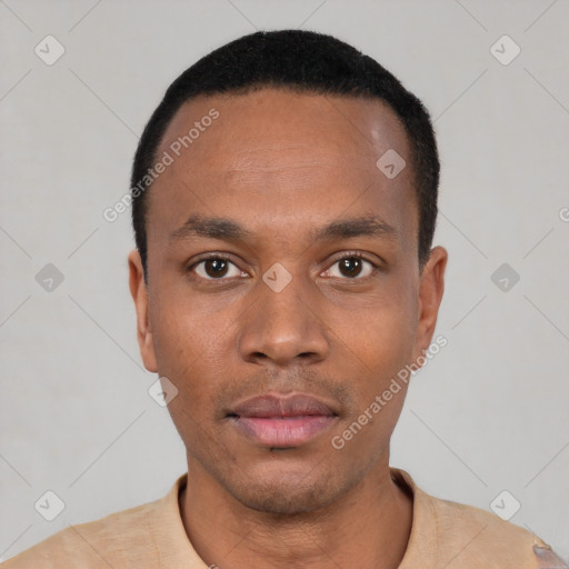 Neutral black young-adult male with short  black hair and brown eyes