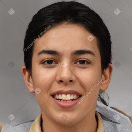 Joyful asian young-adult female with short  brown hair and brown eyes