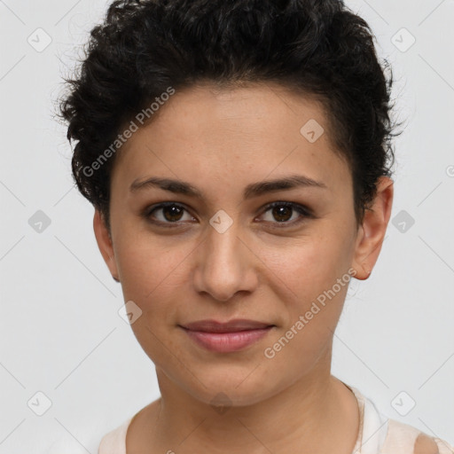 Joyful latino young-adult female with short  brown hair and brown eyes