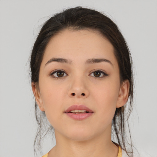 Neutral asian young-adult female with medium  brown hair and brown eyes