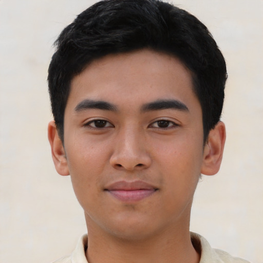 Neutral asian young-adult male with short  black hair and brown eyes