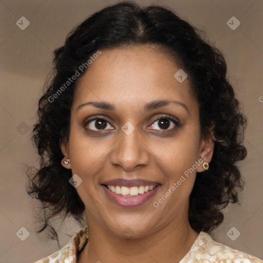 Joyful black young-adult female with medium  brown hair and brown eyes