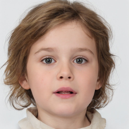 Neutral white child female with medium  brown hair and blue eyes