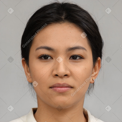 Neutral asian young-adult female with medium  brown hair and brown eyes