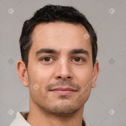 Neutral white young-adult male with short  brown hair and brown eyes