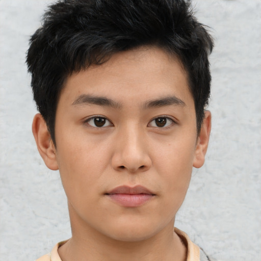 Neutral asian young-adult male with short  brown hair and brown eyes