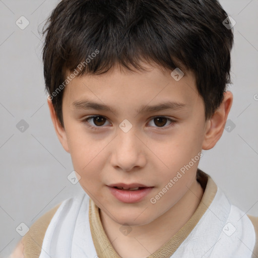 Joyful white child male with short  brown hair and brown eyes