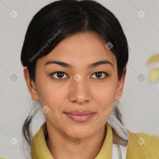 Joyful latino young-adult female with medium  brown hair and brown eyes