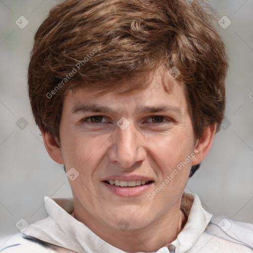 Joyful white adult male with short  brown hair and grey eyes