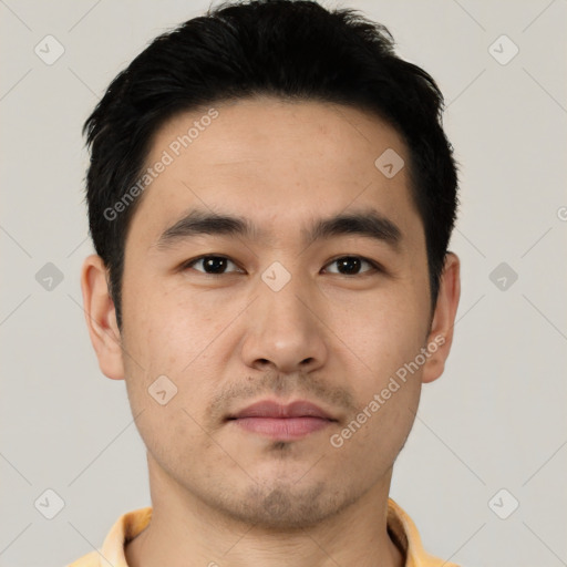 Neutral asian young-adult male with short  black hair and brown eyes