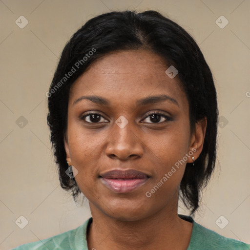 Joyful black young-adult female with medium  black hair and brown eyes