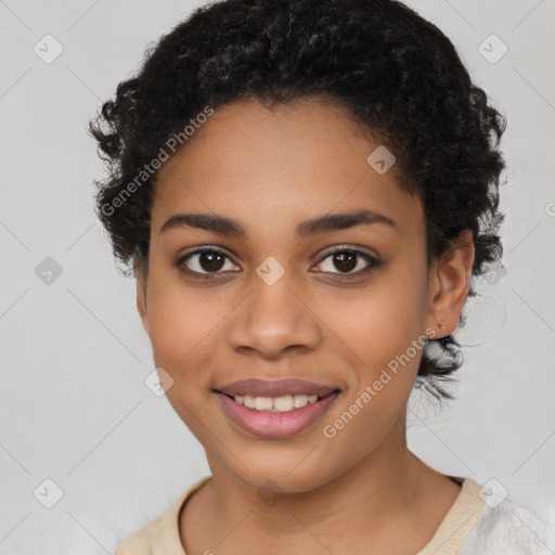 Joyful latino young-adult female with short  black hair and brown eyes