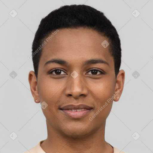 Joyful latino young-adult male with short  brown hair and brown eyes