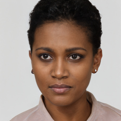 Neutral black young-adult female with short  black hair and brown eyes