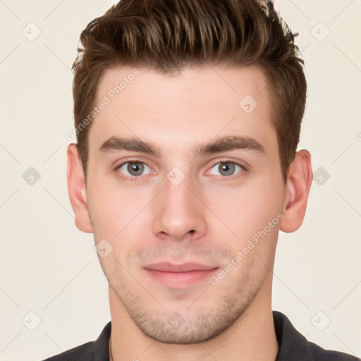 Neutral white young-adult male with short  brown hair and brown eyes