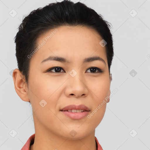 Joyful asian young-adult female with short  brown hair and brown eyes