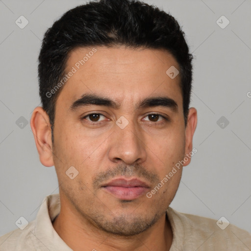 Neutral white young-adult male with short  brown hair and brown eyes