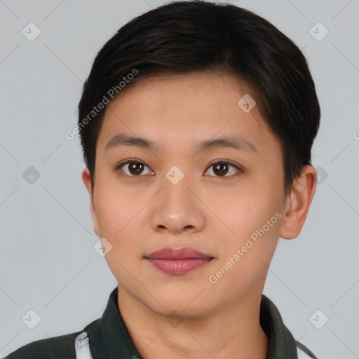 Joyful asian young-adult female with short  brown hair and brown eyes