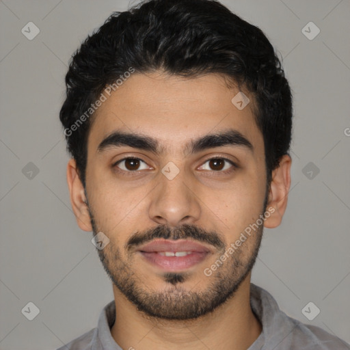 Joyful latino young-adult male with short  black hair and brown eyes