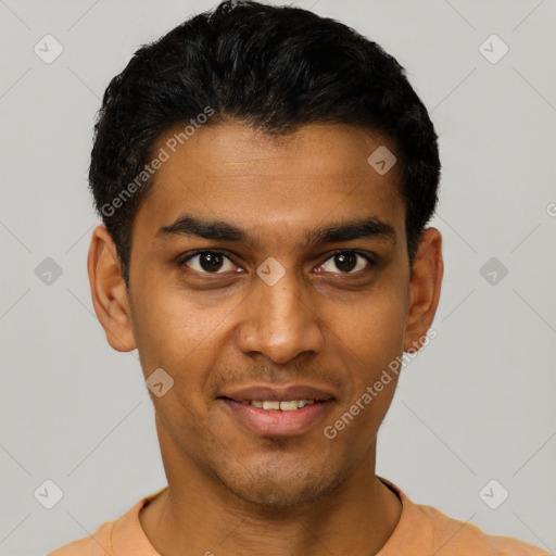 Joyful latino young-adult male with short  black hair and brown eyes