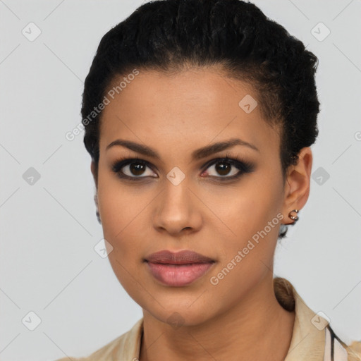 Joyful latino young-adult female with short  brown hair and brown eyes