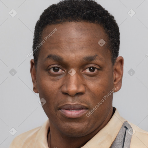 Neutral black adult male with short  black hair and brown eyes